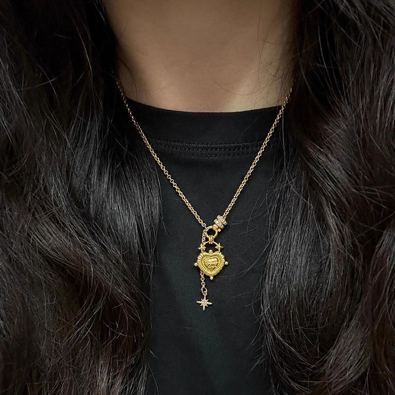 铜合金吊坠 精致中古爱心吊坠流苏项链复古风项链百搭小众锁骨链