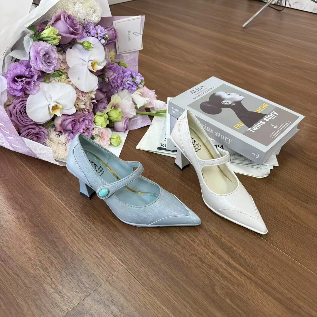 Van Gerch跟高7尖头拼接运动大底时尚蓝色气质浅口高跟单鞋买1赠3