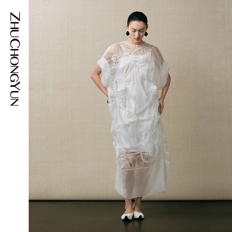 【大秀同款】ZHUCHONGYUN2025夏新款花朵造型薄透连衣裙C1FZ24706