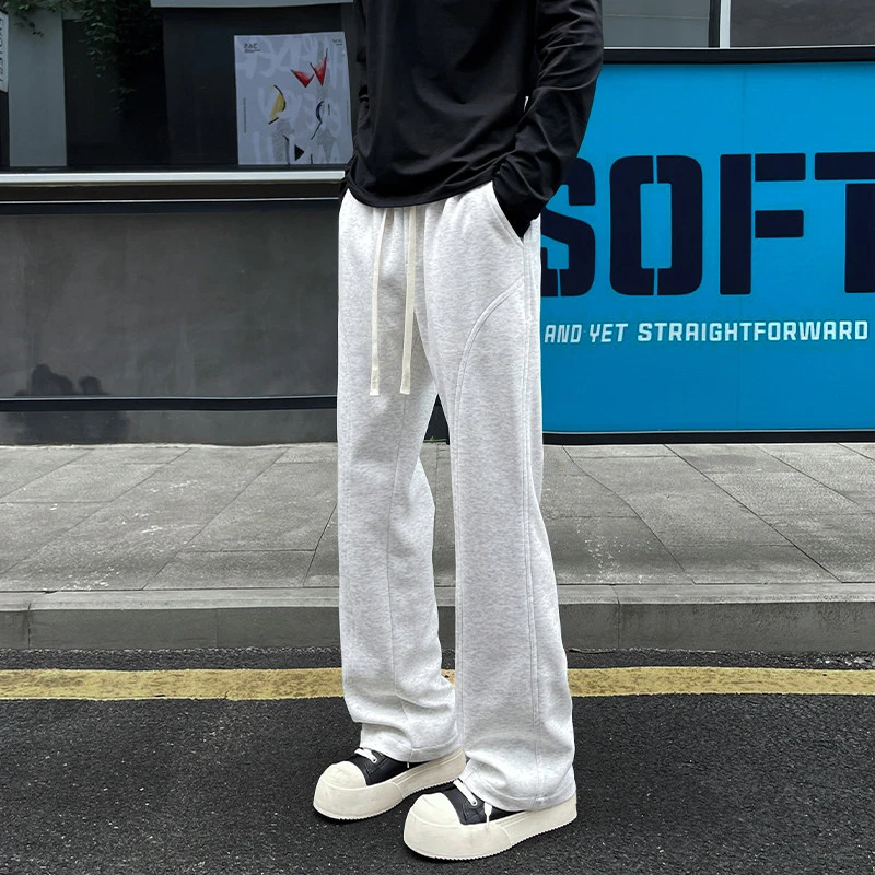 浅灰色斜切微喇卫裤男女同款美式复古cleanfit裤子弯刀直筒休闲裤