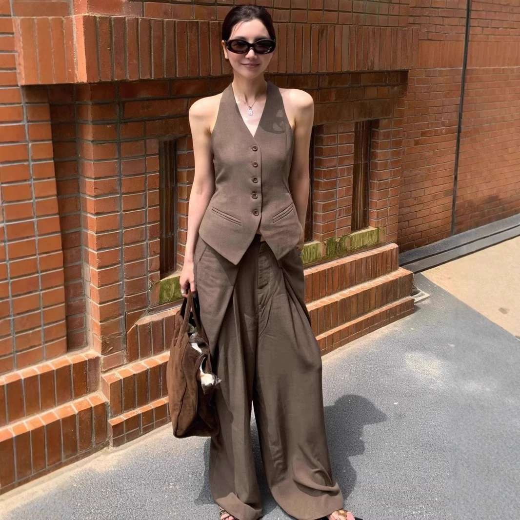 新款法式老钱风通勤西装马甲套装女夏v领无袖小众休闲长裤两件套