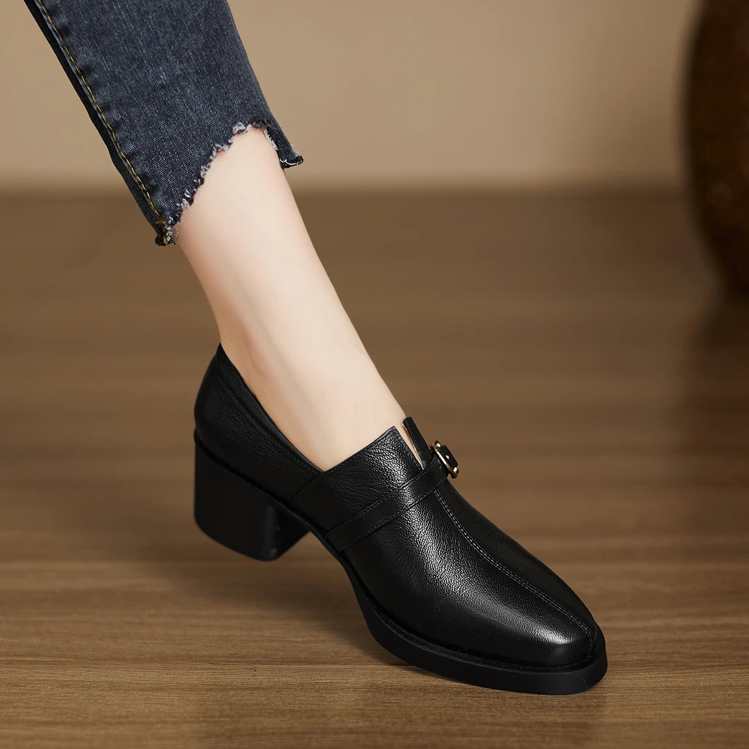 5.5cm~真皮软底深口单鞋女一脚蹬休闲四季鞋粗跟高跟鞋职业小皮鞋