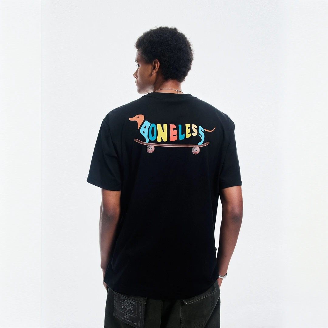 BONELESS趣味滑板小狗印花短袖圆领百搭T恤