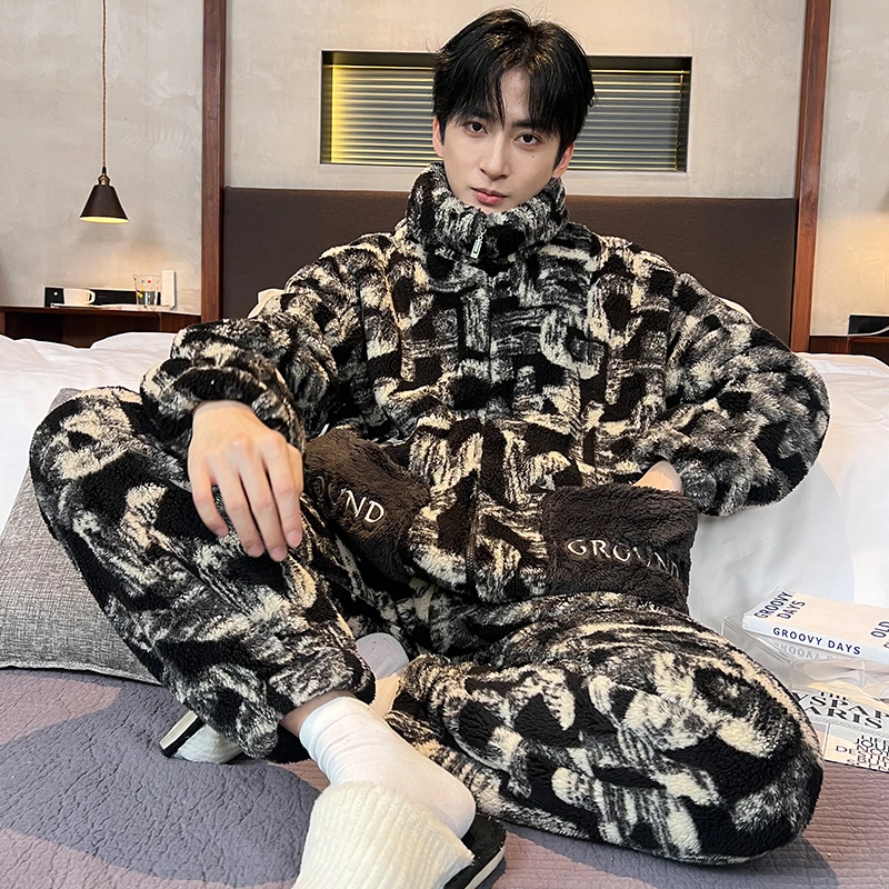 男士睡衣冬季珊瑚绒加厚加绒青少年卡通拉链秋冬款保暖家居服套装