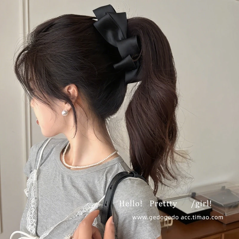 复古缎面黑色蝴蝶结抓夹香蕉夹发卡后脑勺马尾气质竖夹头饰发饰