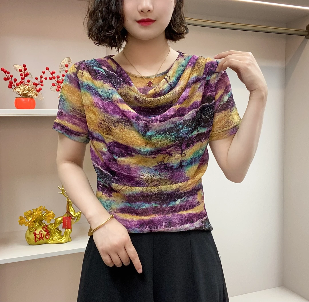 2025新款堆堆领小衫时尚弹力印花网纱设计显瘦百搭妈妈装EEE