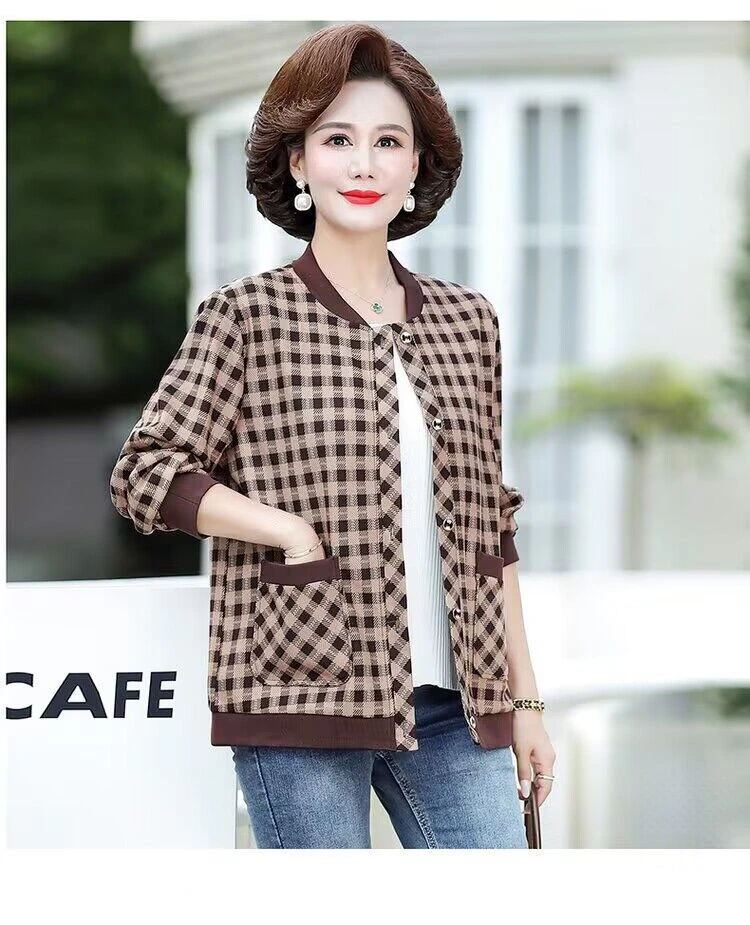 2025新款休闲百搭大码妈妈装长袖宽松格子外套春秋女士上衣短外套