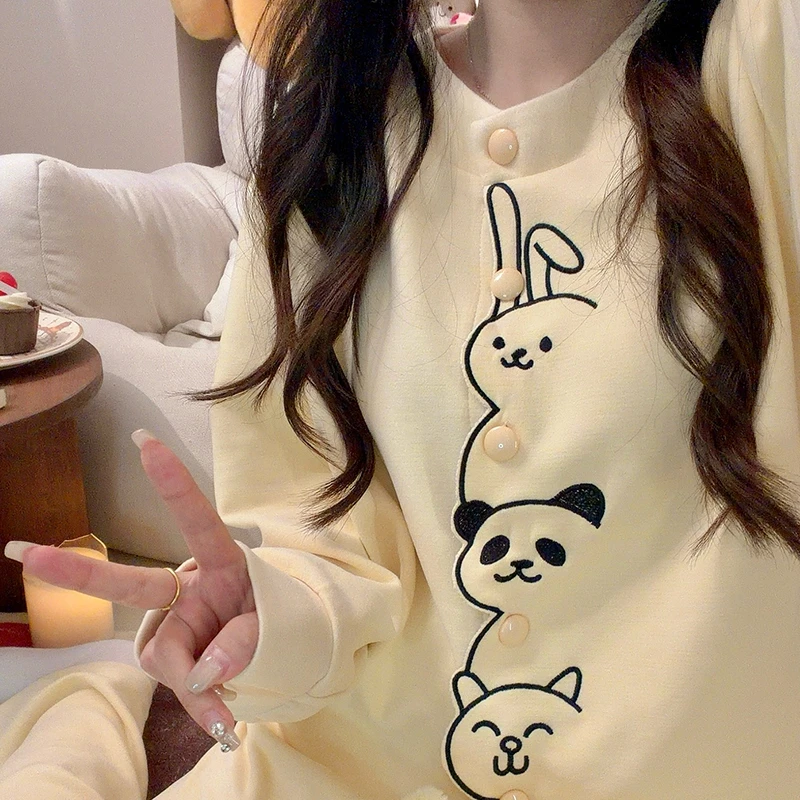 可爱奶黄动物园睡衣女秋冬季绵羊绒长袖长裤加厚保暖家居服两件套
