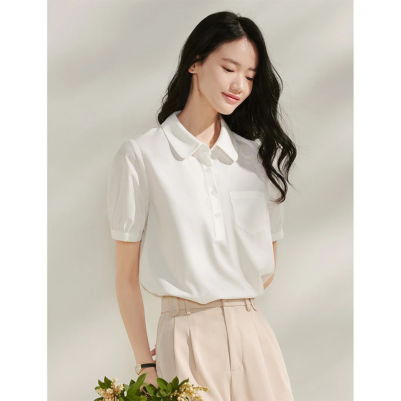 【茵曼服装】茵曼减龄娃娃领泡泡袖衬衫正肩通勤上衣QCY1842007