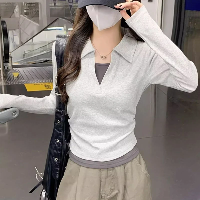 撞色假两件polo领长袖T恤女2025春甜美小个子褶皱修身短款上衣ins