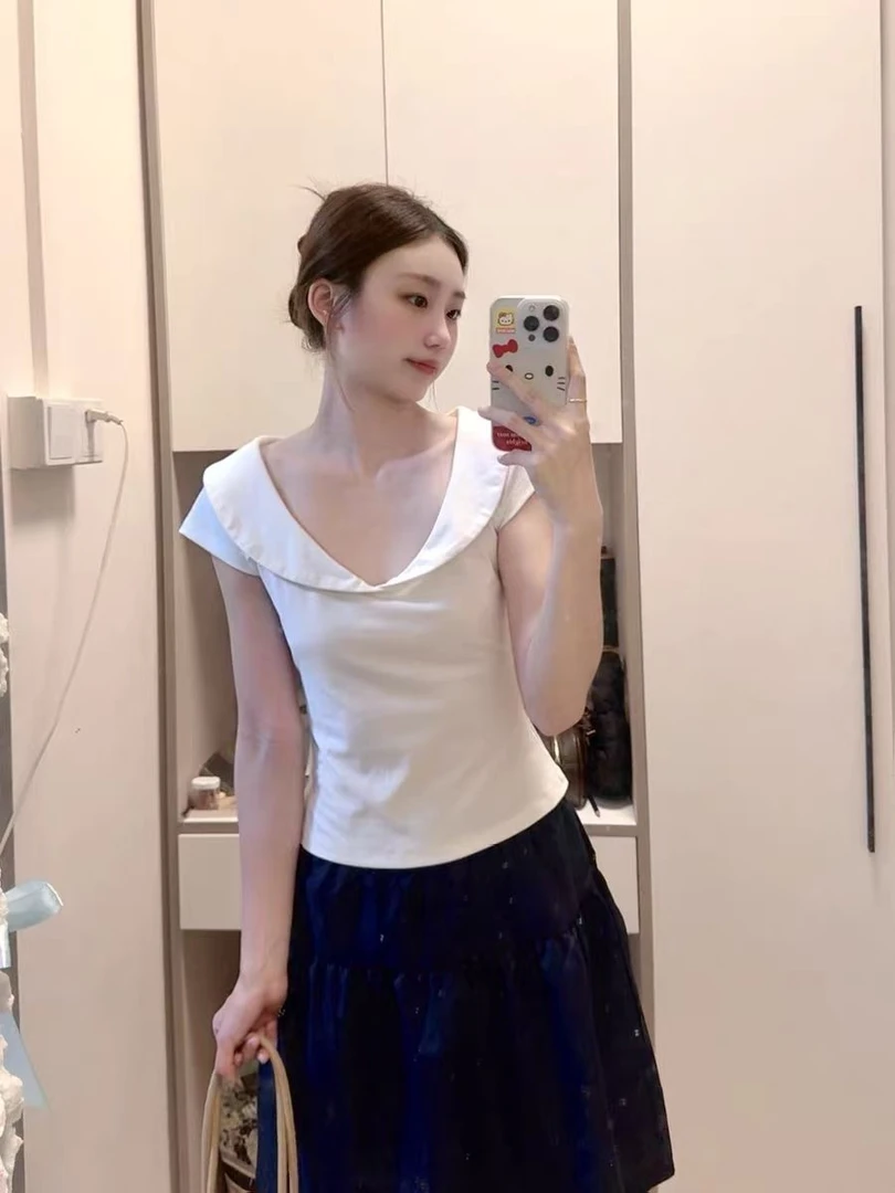 纯色简约娃娃领正肩短袖T恤女夏季新款纯棉修身显瘦洋气百搭上衣