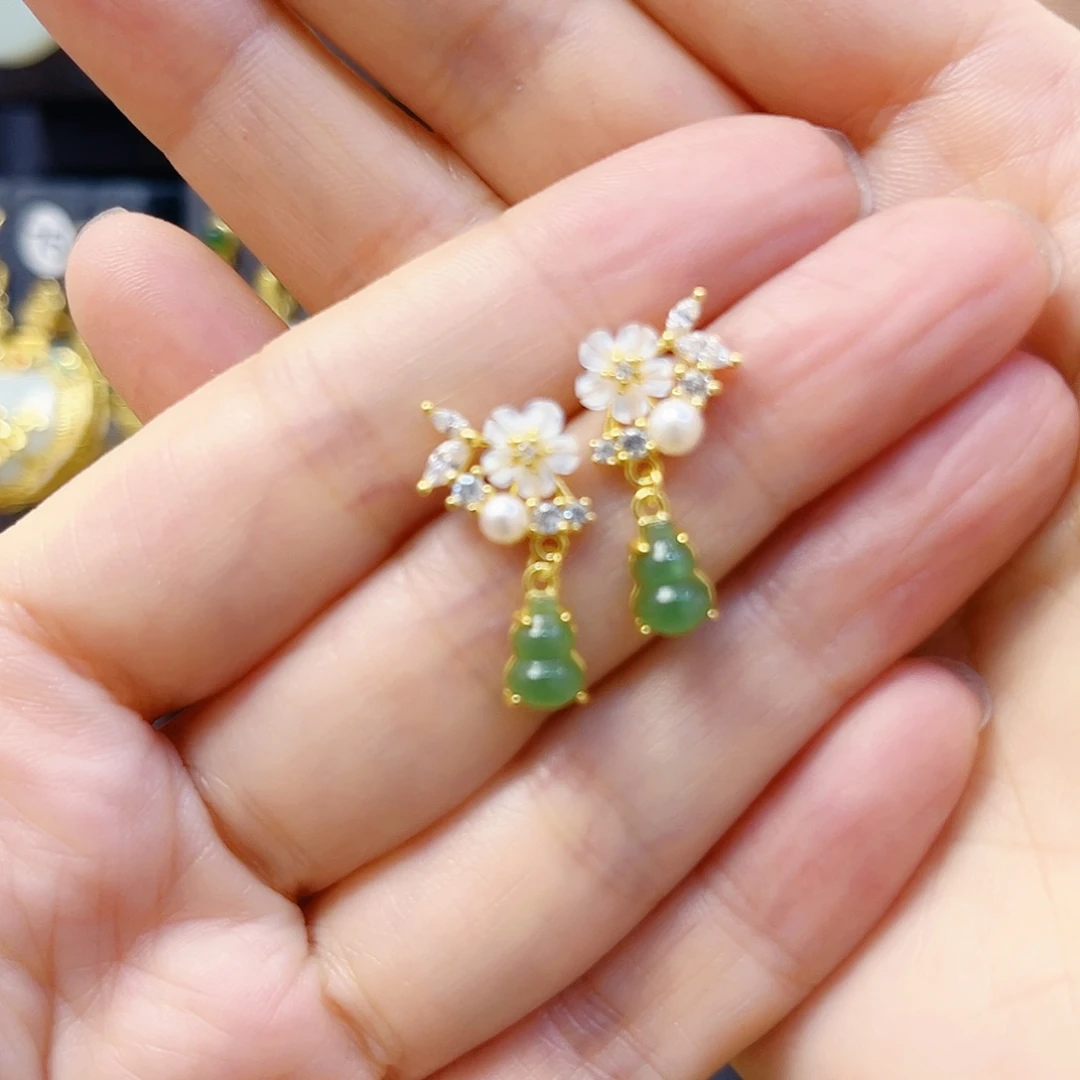 和田玉银S925镀金镶嵌耳饰