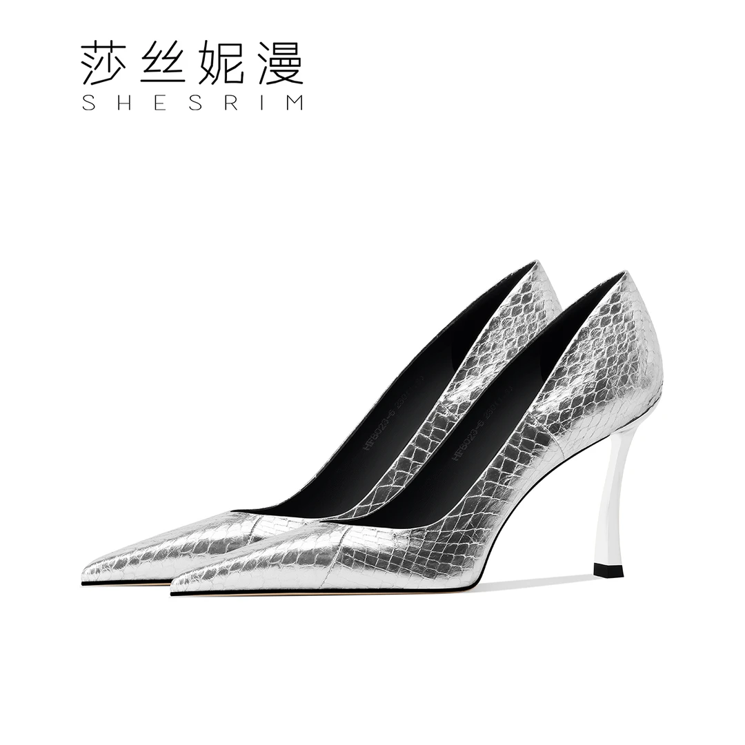 D31-时尚银色高跟鞋女新款蛇皮气质细跟尖头浅口单鞋宴会鞋
