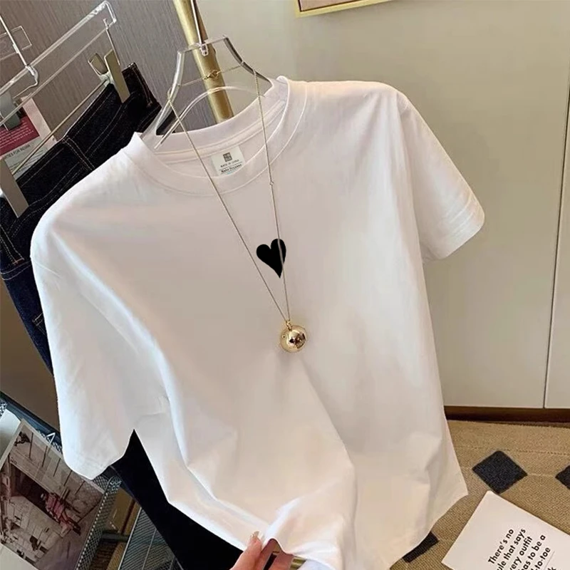 爱心印花短袖t恤女夏季新款纯棉舒适女士宽松大码半袖体恤小衫ins