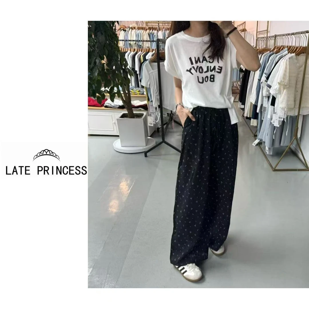 LATE PRINCESS【自由自在】夏季新款高腰松紧碎花阔腿裤