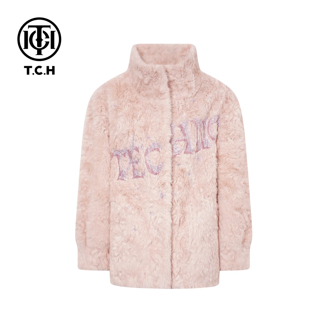 人造皮草 TCH冬款保暖优雅时尚烫钻淑女粉色毛毛外套T705E1007