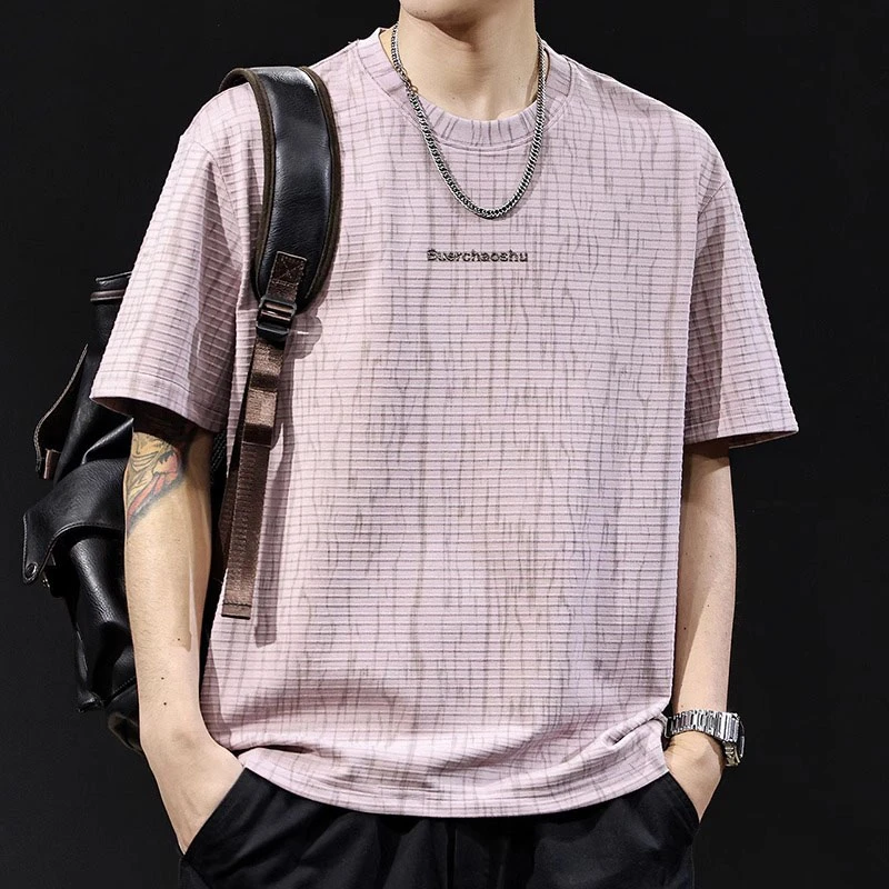 复古横纹提花短袖t恤男士宽松大码夏季新款衣服男装潮牌体恤