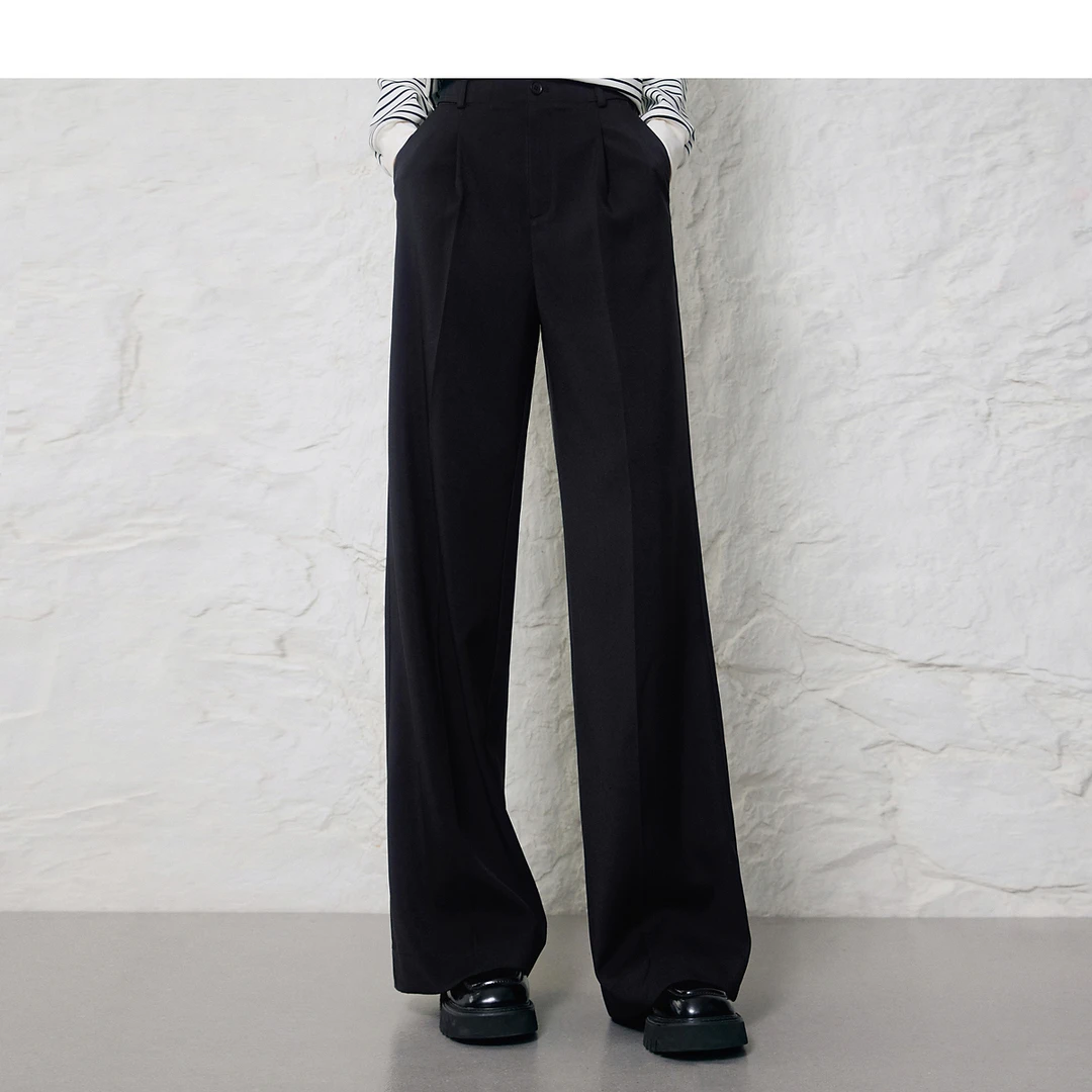 迪赛尼斯新款通勤风宽松垂感直筒百搭黑色高腰休闲裤女