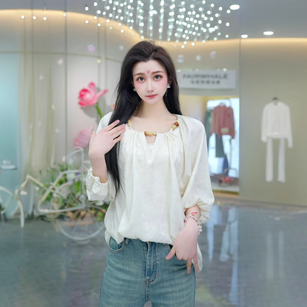 马克华菲25早春女装新品七分袖设计感休闲衬衫提花纯色打底衬衫