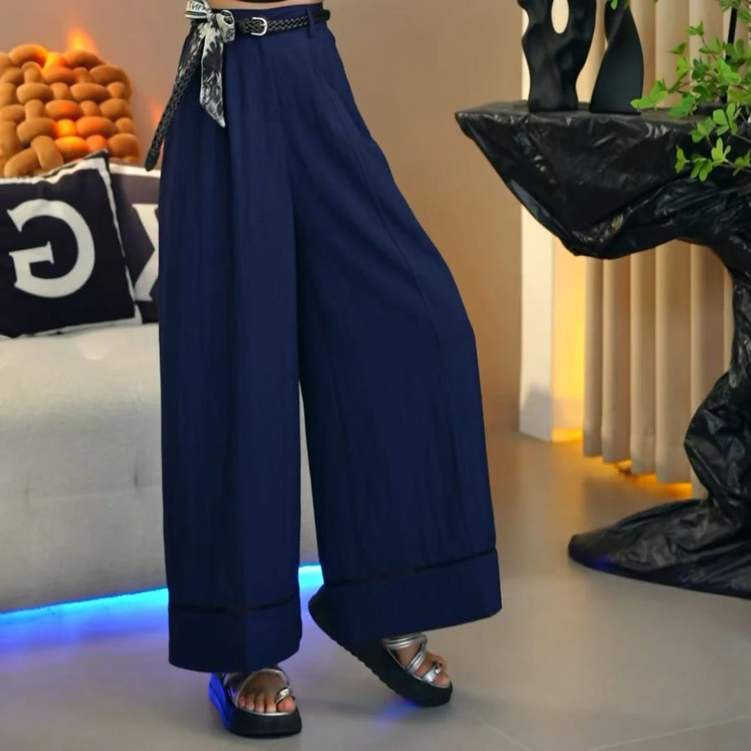 笑歌-夏季薄款镂空设计宽松遮肉大阔腿休闲裤-时尚百搭