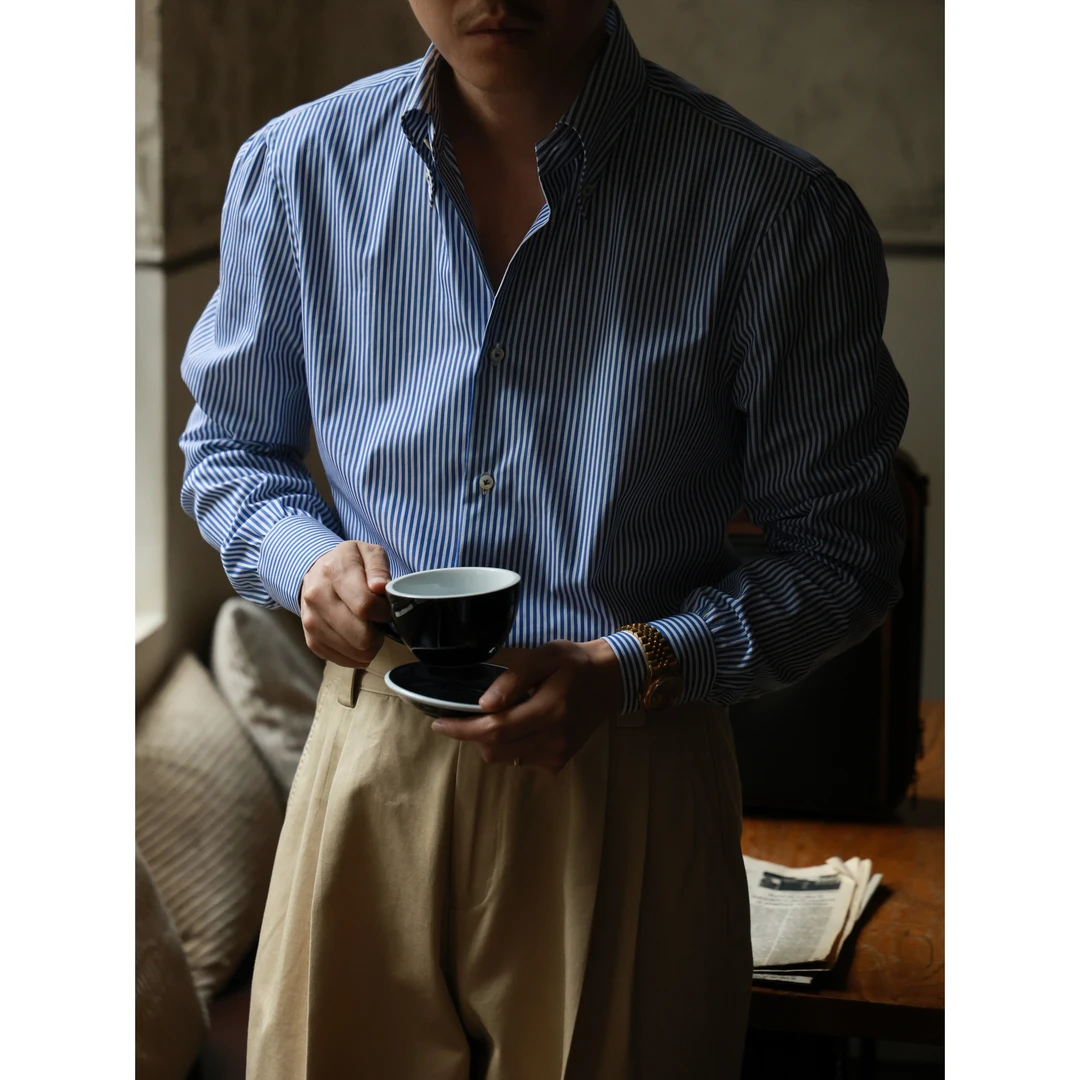 UGENTLE男装 意大利CANCLINI「日暮蓝条」Button - down 长袖衬衫