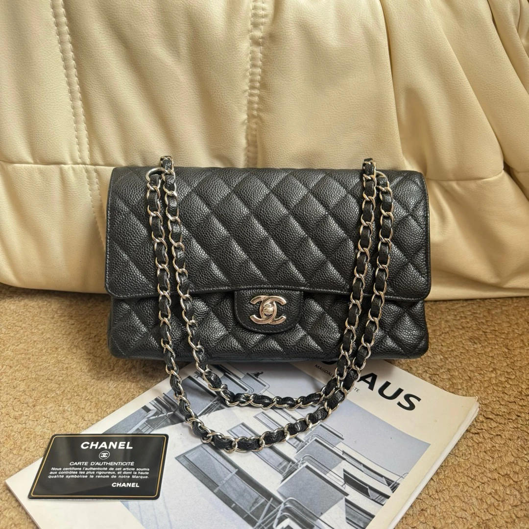 95新 Chanel/香奈儿 Chanel 黑银 荔枝牛 经典cf中号/678997238