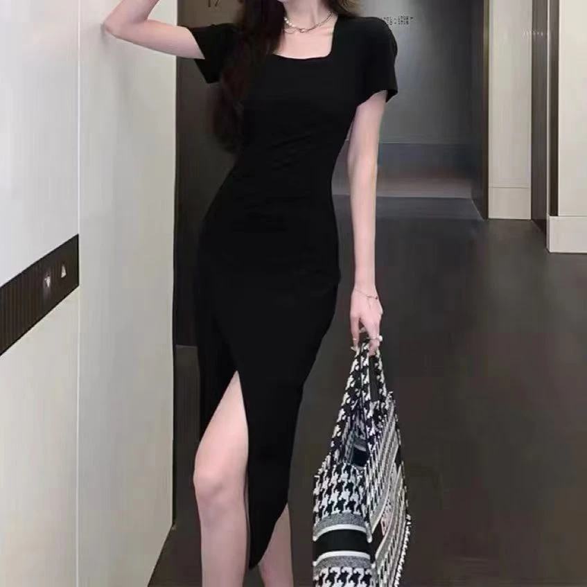 1213百搭显瘦方领开叉新款ins网红时尚洋气减龄连体裙