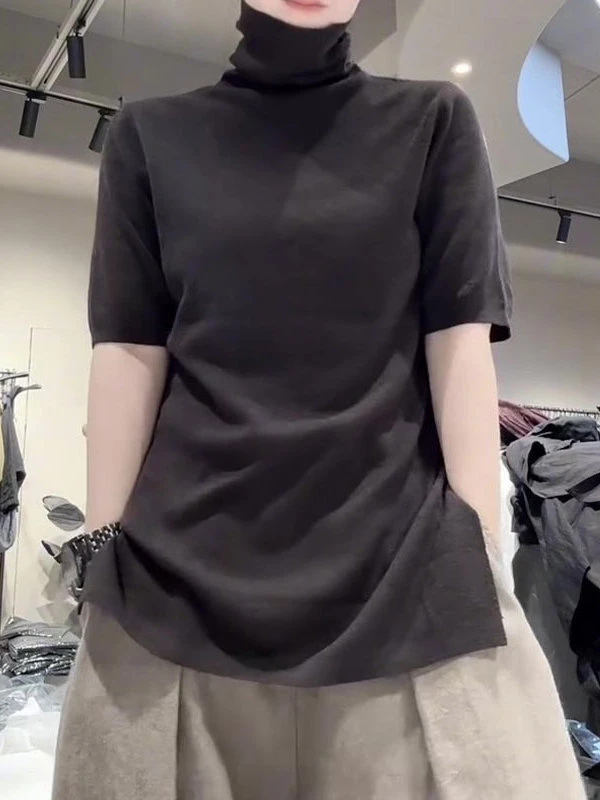 韩版简约时尚高领上衣开叉设计百搭女2025秋季新款气质内搭打底衫
