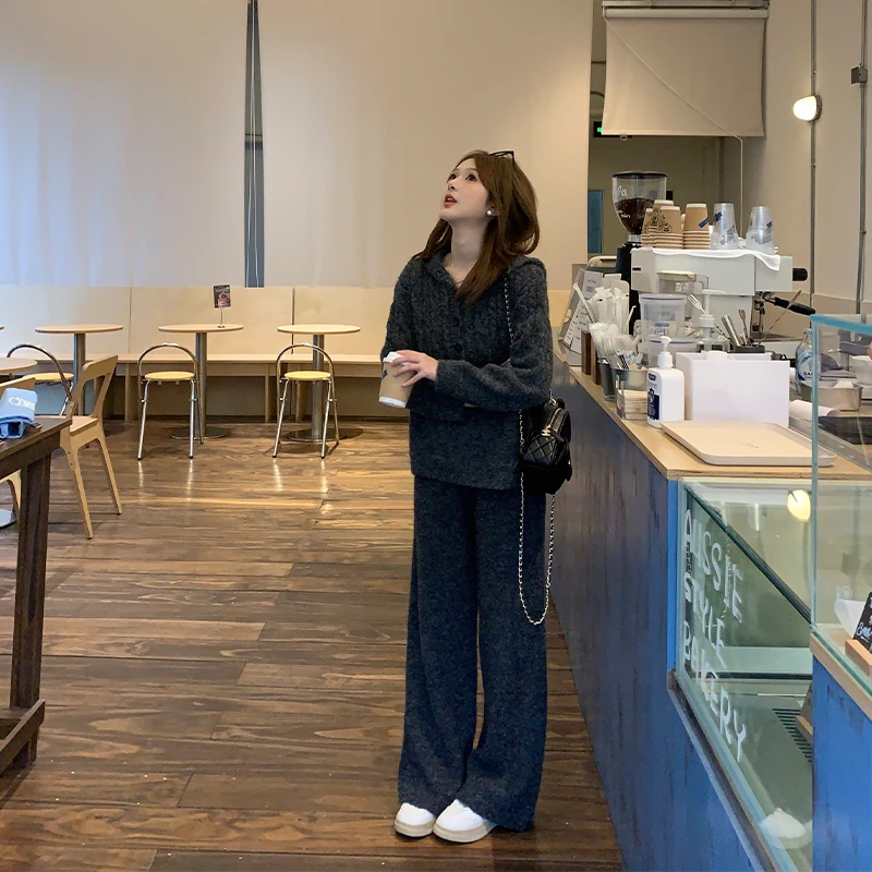 FUGUI RICH【复古诗行】小个子秋冬新款时尚洋气上衣+裤子毛织套装