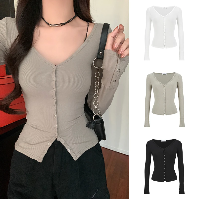 【清仓福利】魔西女王掐腰V领排扣针织开衫纯欲辣妹短款长袖上衣