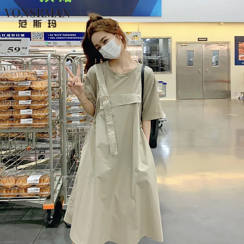 卡其色假两件拼接连衣裙女中长款2025夏新款宽松减龄设计感背带裙