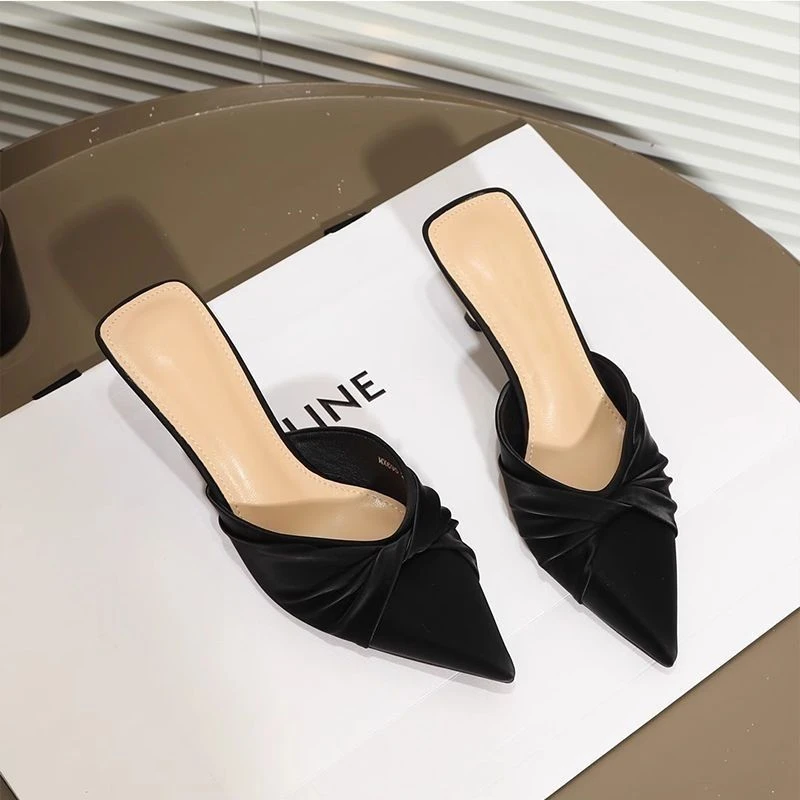 正品真皮凉拖女夏2025年新款尖头细跟包头懒人半拖中跟外穿拖鞋女