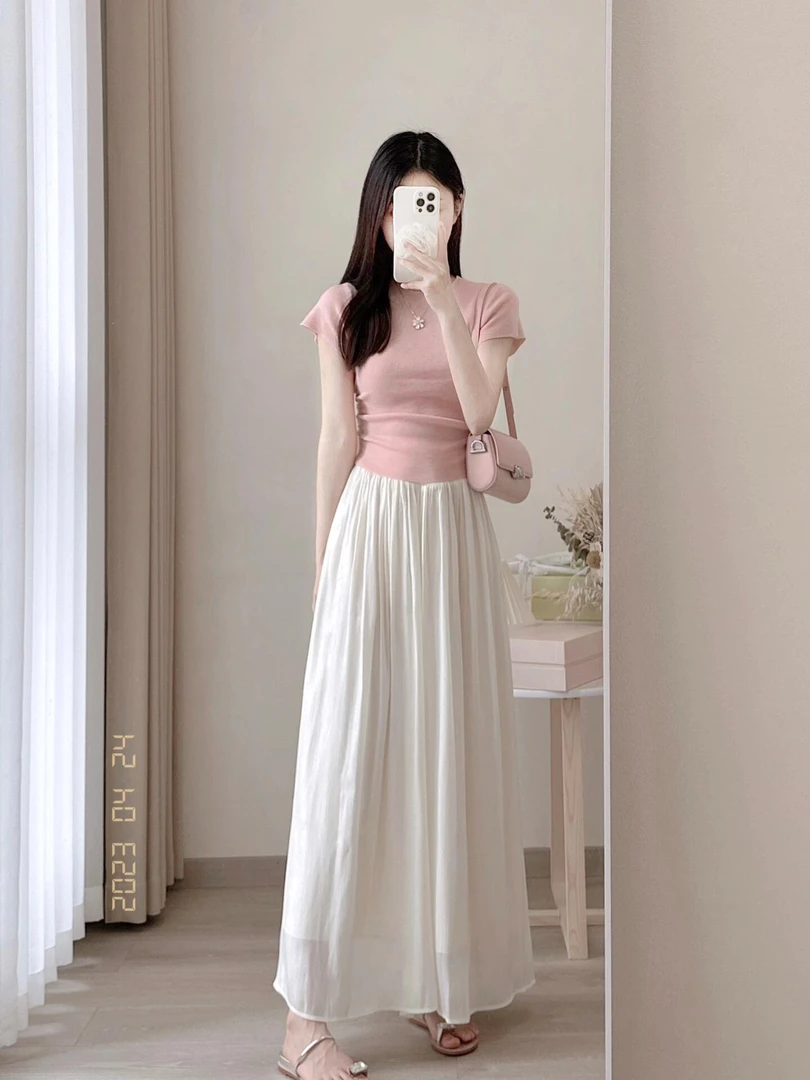 9794+9795多巴胺穿搭一整套女粉色针织衫搭配半身裙裤两件套装