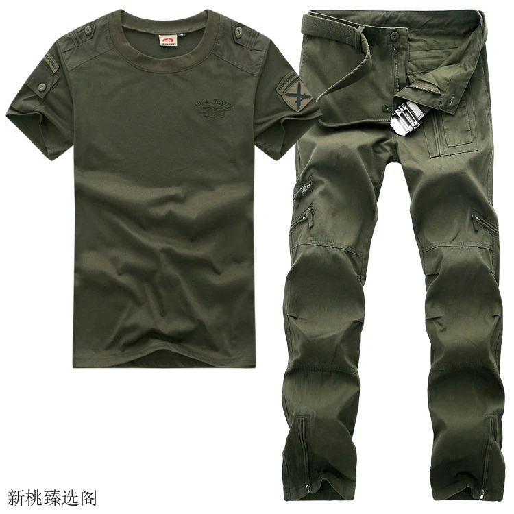 夏季户外登山迷彩服男修身套装薄款纯棉短袖T恤长裤军潮服饰半袖