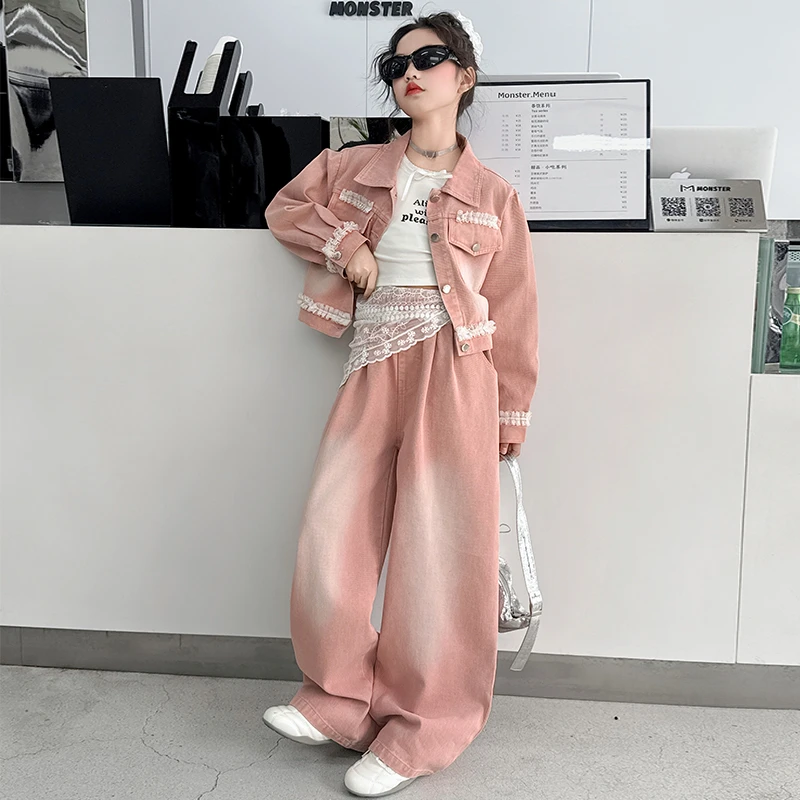 女童韩系春牛仔套装设计感小众蕾丝拼接外套高腰显瘦阔腿裤两件套