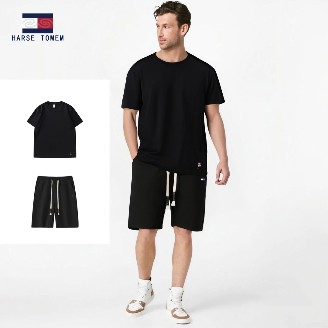 霍斯汤米男士黑色潮流男装短袖短裤t恤大码宽松夏季套装全套舒适