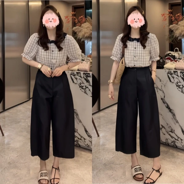 夏季休闲慵懒风娃娃领百搭衬衣宽松格子衬衫直筒牛仔休闲裤套装