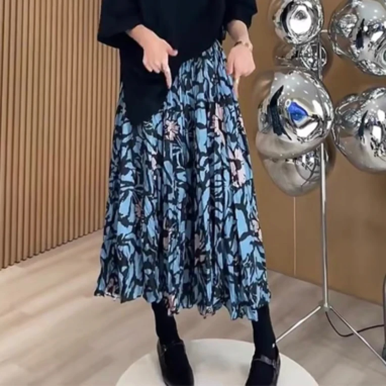 花间蝶2025新款重工钉珠拼接碎花裙不规则半身裙女