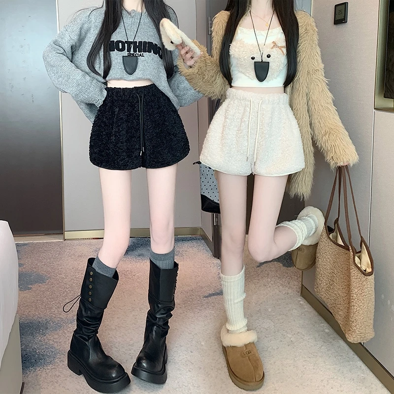 羊羔毛短裤女秋冬外穿加绒加厚慵懒风纯欲辣妹毛毛阔腿裤2025新款