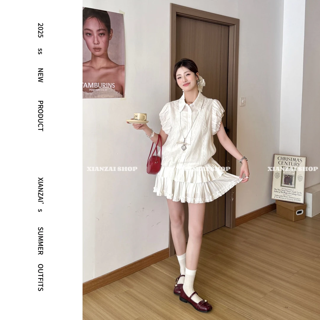 XIANZAI【夏天的风】夏季新款甜美花苞袖白衬衫短袖蛋糕裙两件套装