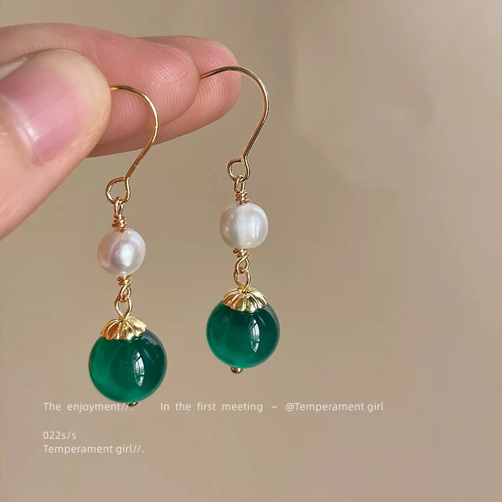 蛇年新款玉石天然绿玛瑙玉髓耳坠女款珍珠百搭小众轻奢耳钉款282