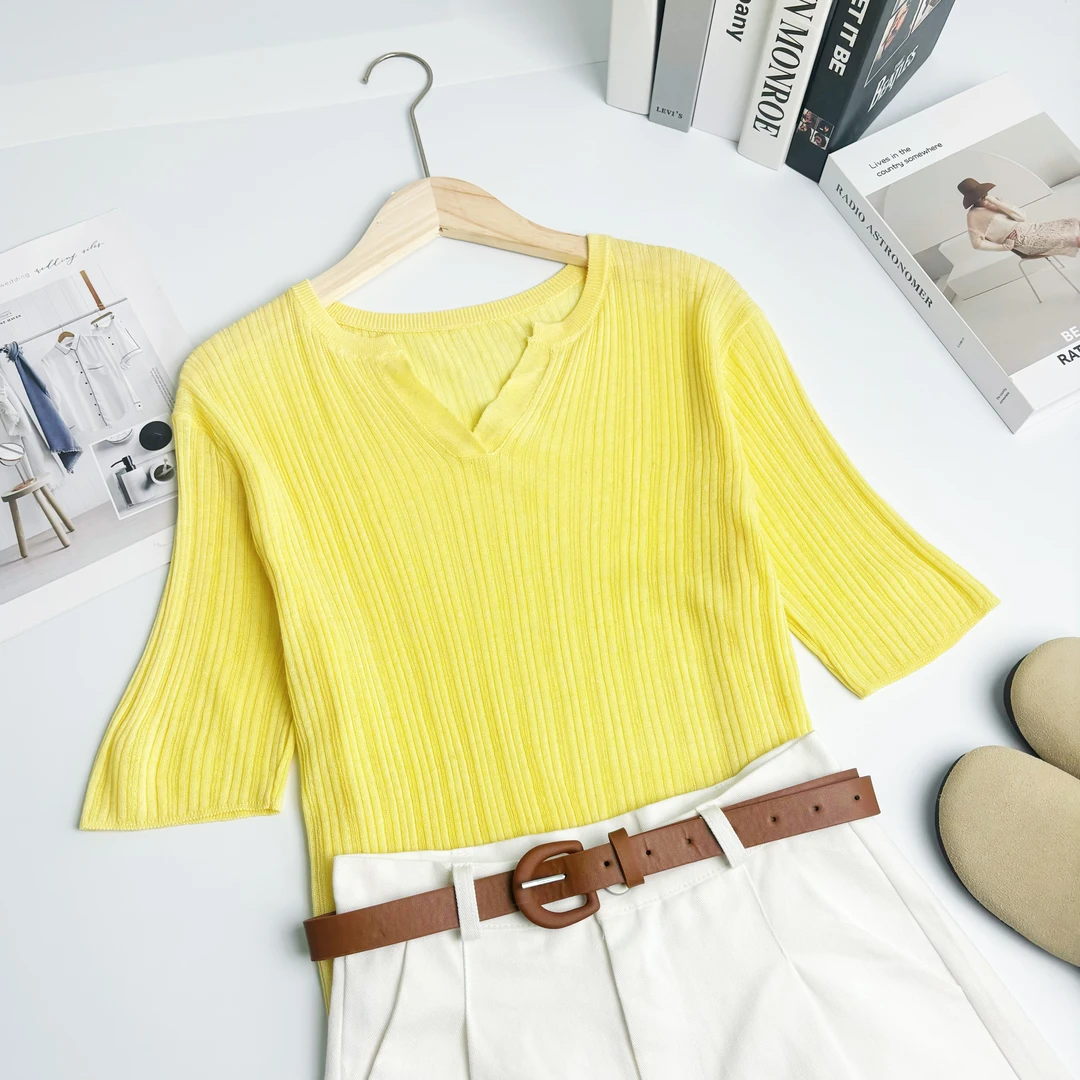 玲姐定制-V领纯色短袖T恤薄款微透休闲针织短袖90523