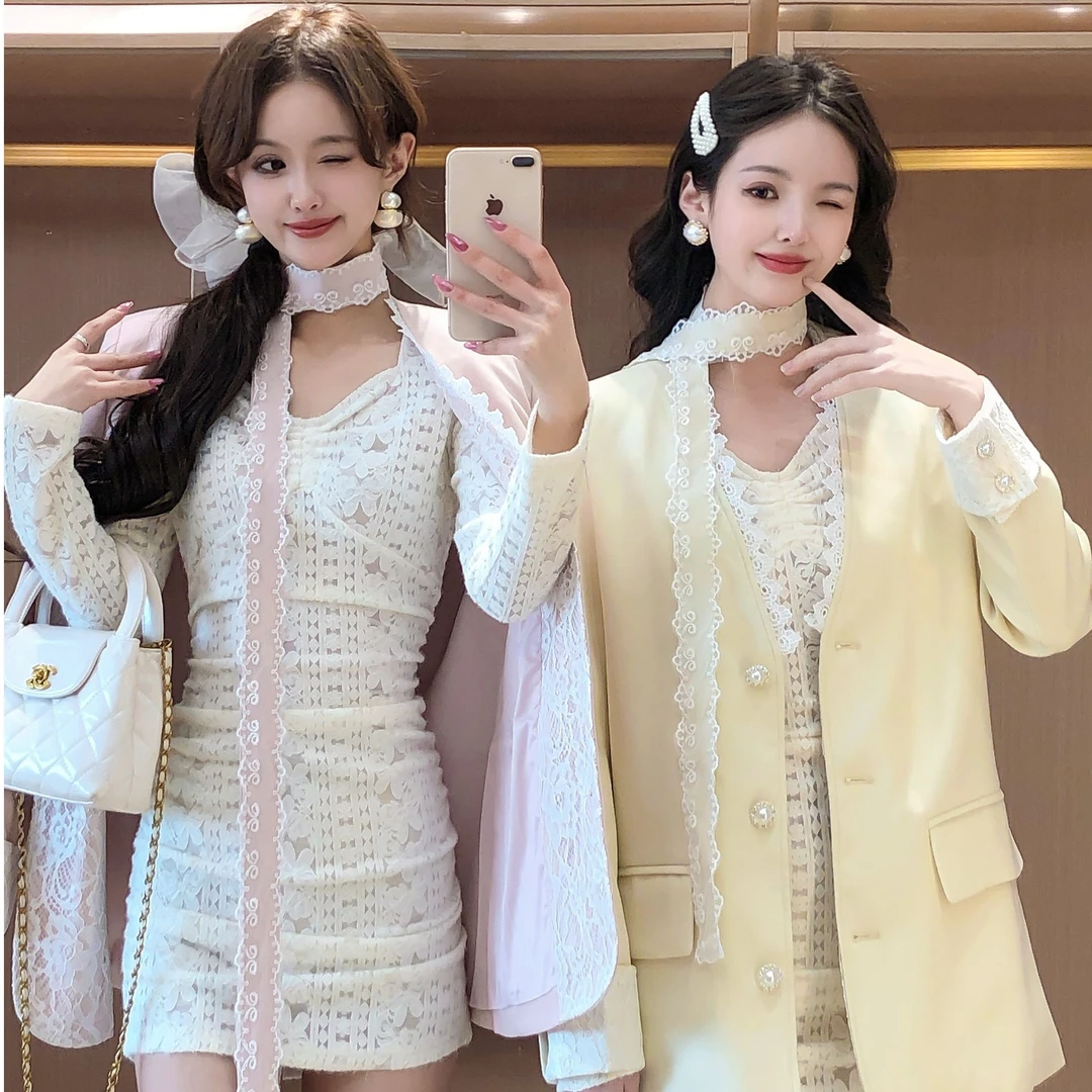 艾日秀法式淑女风蕾丝修身显瘦连衣裙蕾丝拼接外套时尚套装 E8651