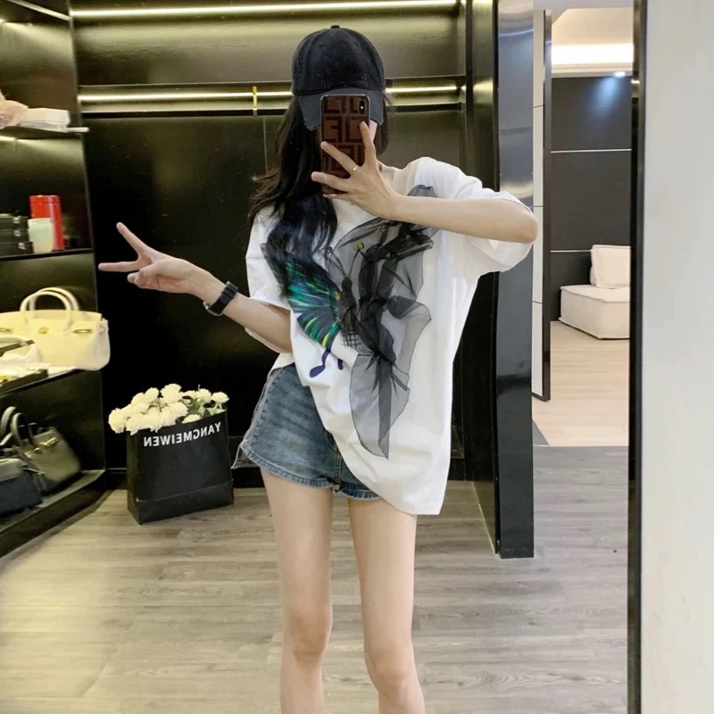 夏季纯棉新款女式宽松百搭休闲T恤白色纯色短袖蝴蝶印花中长款上