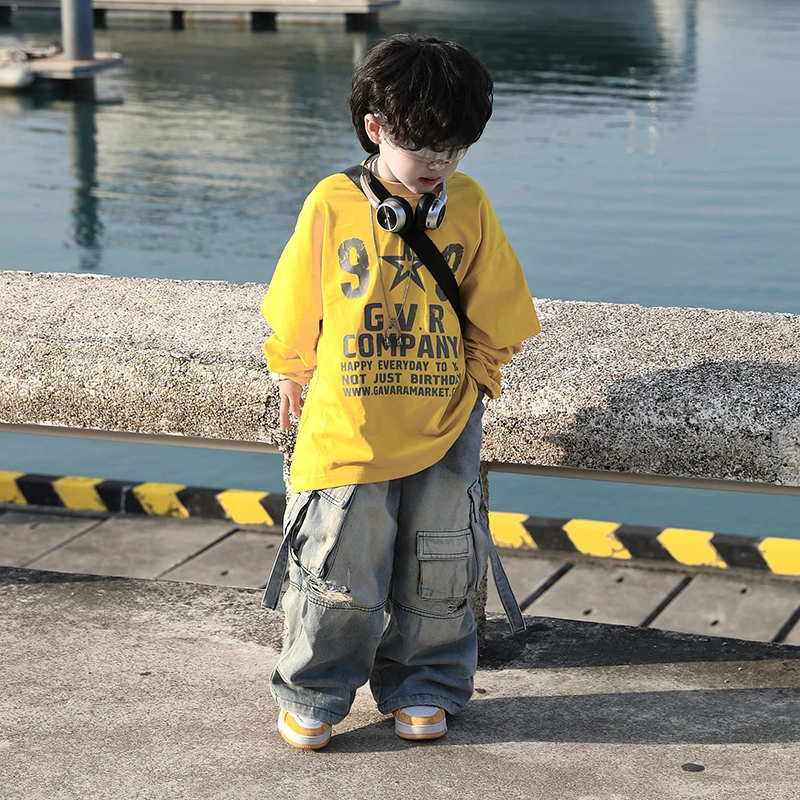 【现货】Jimmy妈童装元气满满春季儿童黄色假两件拼接袖印花长袖T恤