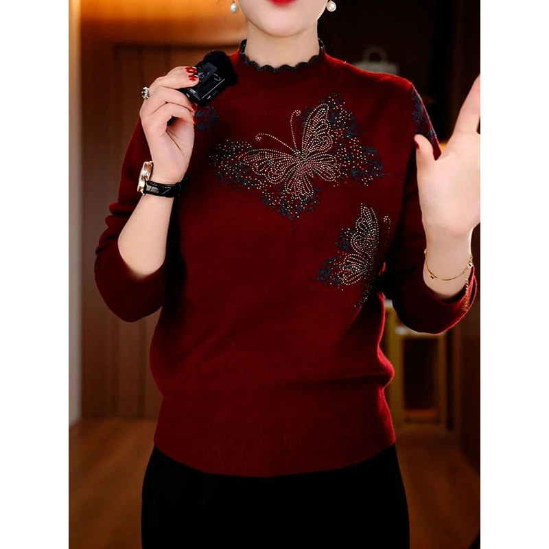 高档蝴蝶设计立领长袖针织衫2025秋冬新款洋气贵夫人百搭显瘦毛衣