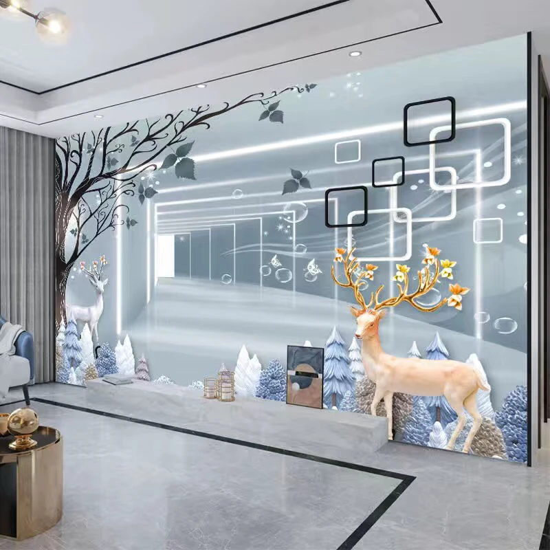 北欧风电视背景墙壁纸现代简约麋鹿装饰立体墙布壁画