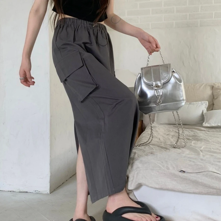 现货辣妹抽绳工装裙松紧腰休闲半身裙女百搭A字裙开叉中长款裙子