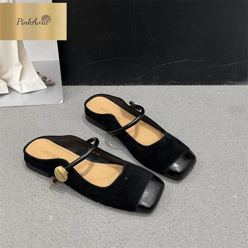 PinkAvril磨砂拼接皮面包头复古半拖鞋女2025春夏新款无后跟一脚