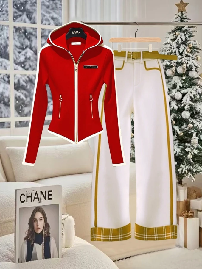 2025爆款运动休闲红色连帽卫衣套装女早春超好看收腰显瘦一整套潮